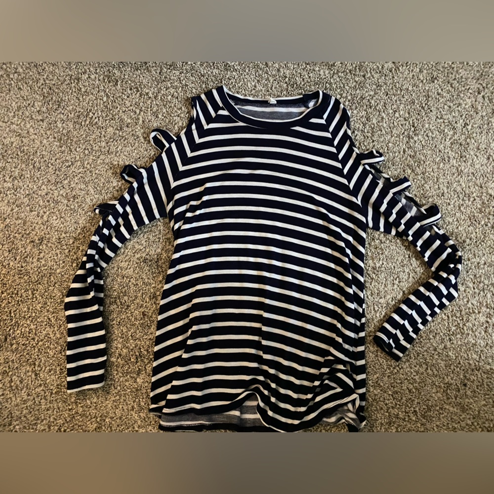Pink Blush- navy and white stripes open arm maternity shirt- size L